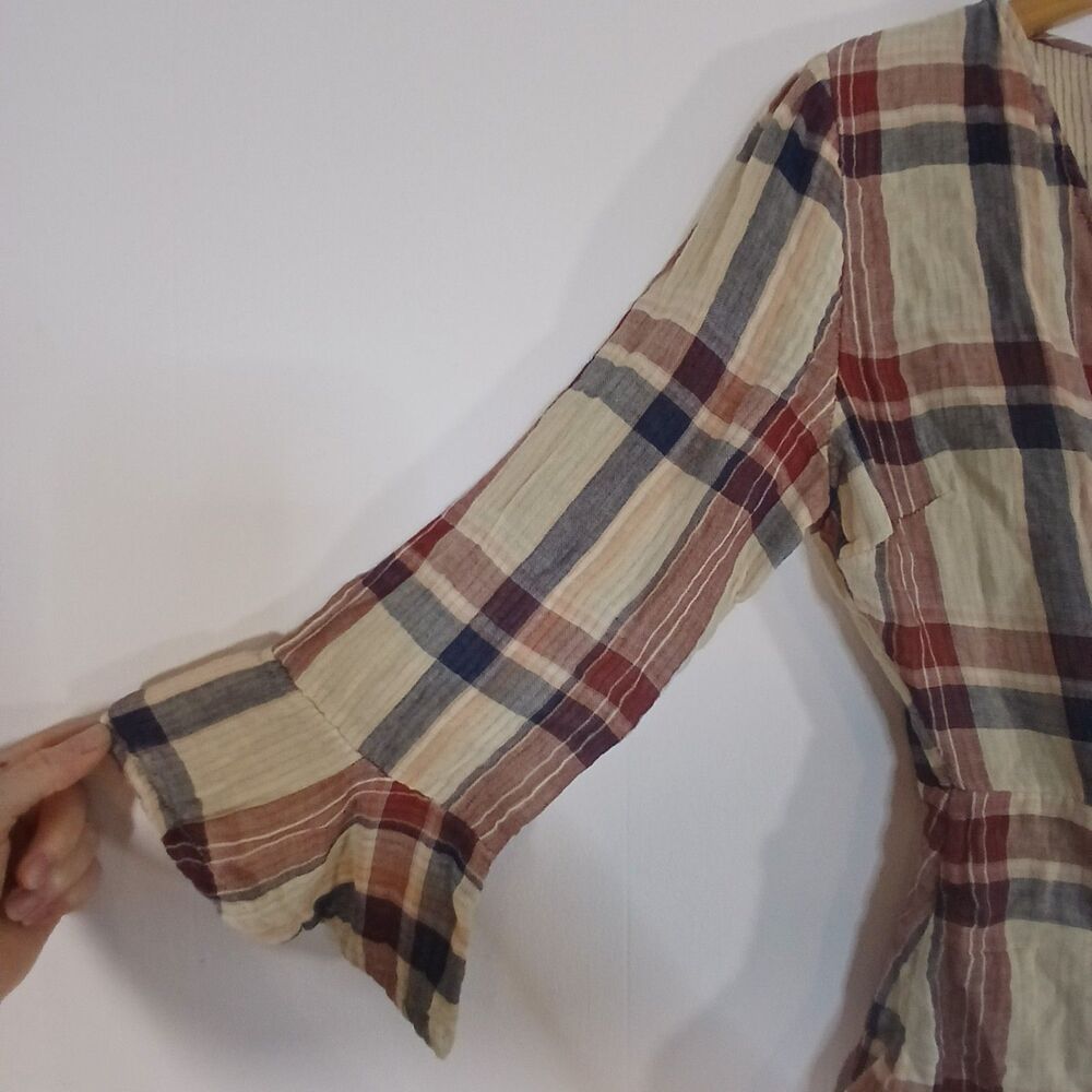 Blue Rain Plaid Wrap Tie Front Top Blouse Small Bell Sleeves Cottagecore Boho - Picture 3 of 6